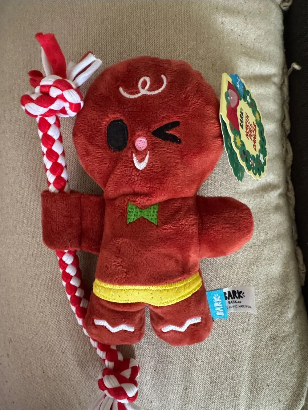 NWT BARK Gingerbread Plush Dog Toy with Rope